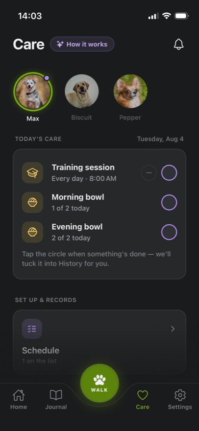 The Care tab in TrackMyPaw: today's care for one dog — a training session and two feeding bowls, each with a circle to tick off when it's done.