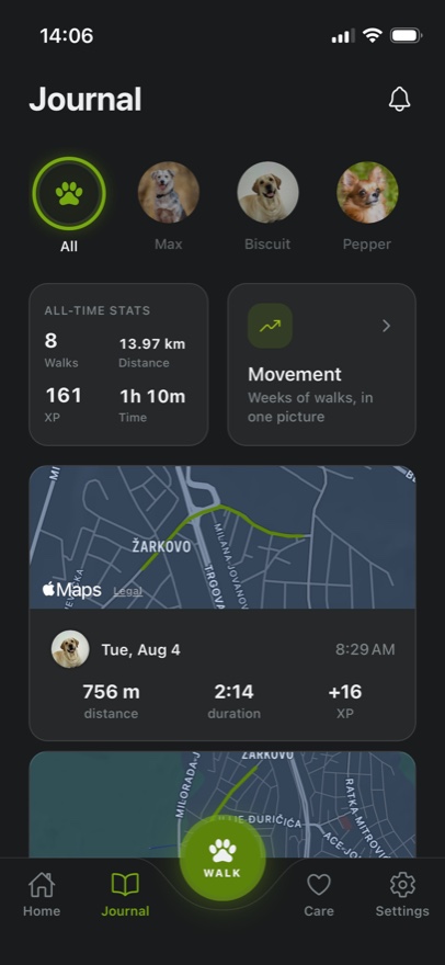 The TrackMyPaw journal: all-time walk totals, and past walks listed one by one with the map of each route, the dog who came along, the date, distance and duration.