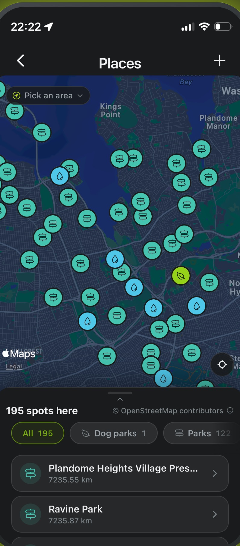 The Places screen: a map dotted with parks and water bowls, and a list below it with 195 spots sorted by distance.