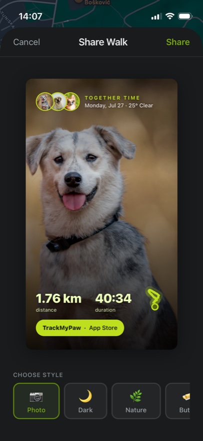 Sharing a finished walk from TrackMyPaw: a photo of the dog with the walk's distance and duration on it.