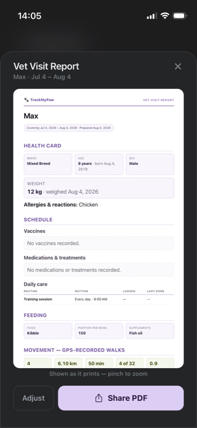 A vet visit report generated by TrackMyPaw, shown as it will print: the dog's health card, allergies, schedule, feeding, and GPS-recorded walking activity, with a Share PDF button.