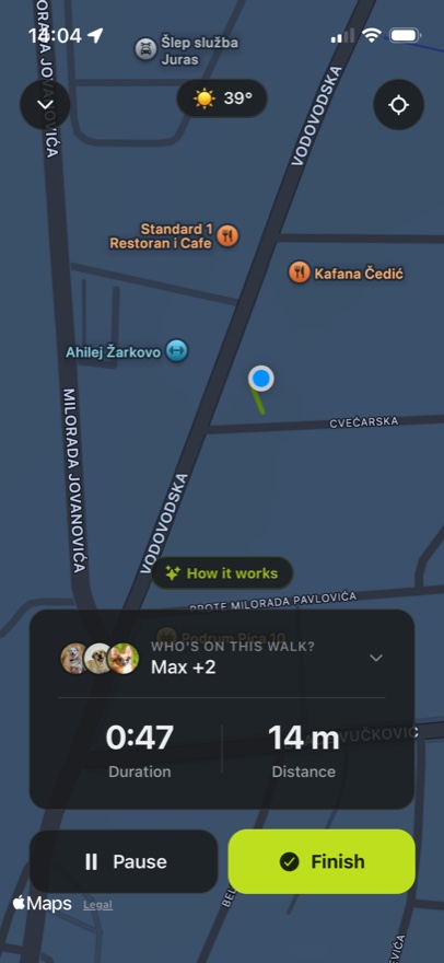 A walk being recorded in TrackMyPaw: the live route drawn on the map, the dogs on this walk, and the running time and distance above Pause and Finish buttons.